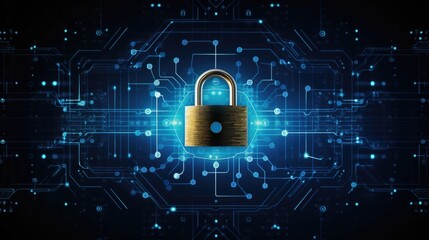 Poster - Digital padlock for computing system on dark blue background