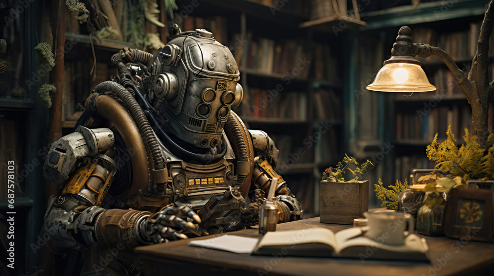 Robotic Vintage Cyborg in a Library: Reading Books Amidst the Pages of ...