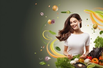 Wall Mural - Beautiful positive girl prepares a delicious, healthy dish