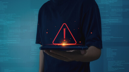 Poster - System warning hacked alert triangle caution warning, Cybersecurity, Scam Virus Spyware Malware Antivirus, Cyber attack data crypto wallet, document, internet banking, password, personal data.