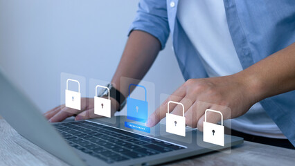 Poster - Cybersecurity and data protection. Businessman use secure tablet encryption technology, protect business and financial transaction data from cyber attacks, intelligent protection digital attacks.