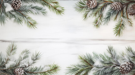 Wall Mural - hristmas watercolor card blank. Christmas tree branches on white background. C Christmas tree needles on natural background. Green branches and copy space. Holiday card.
