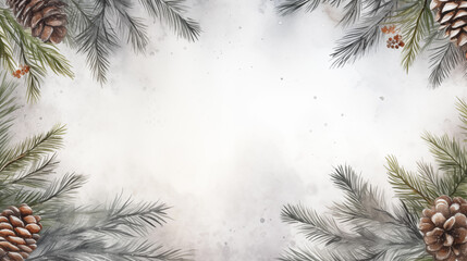 Wall Mural - hristmas watercolor card blank. Christmas tree branches on white background. C Christmas tree needles on natural background. Green branches and copy space. Holiday card.