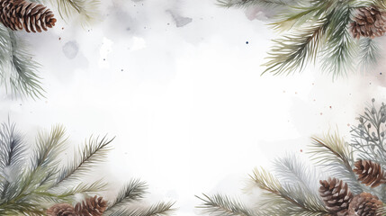 Wall Mural - hristmas watercolor card blank. Christmas tree branches on white background. C Christmas tree needles on natural background. Green branches and copy space. Holiday card.