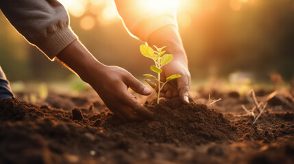 Canvas Print - Pair of hands gently cradling a young plant in the soil, symbolizing care and growth, with the warm light of a sunrise in the background