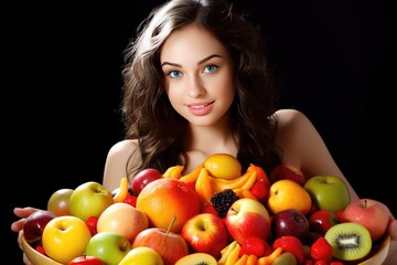 Wall Mural - Portrait of a young beautiful girl surrounded by fruit