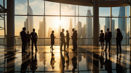 Wall Mural - Silhouetted professionals are standing by large windows overlooking a city skyline at sunset, reflecting on the glossy office floor.