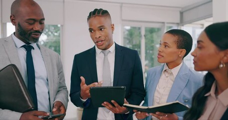 Aufkleber - Collaboration, tablet and a business man planning with his team in the office for company growth. Teamwork, brainstorming or explain with an employee group talking in the workplace for strategy