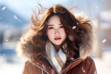 Portrait of a beautiful young woman with long curly hair,   in a coat in winter forest. Beauty, fashion.