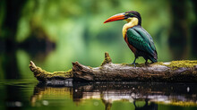 A Colorful Bird Sits On A Log Near Some Water.