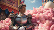 Man in a Suit of Armor Eating Cotton Candy at a County Fair: Photograph a man clad in medieval armor enjoying cotton candy amidst the colorful and bustling ambiance of a county fair.