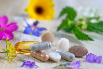 Holistic medicine approach. Healthy food eating, dietary supplements,