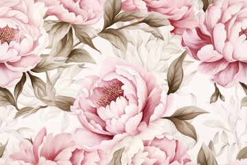  Seamless pattern of soft pink watercolor peonies, illustration