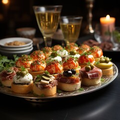 Wall Mural - Realistic Food Image Canapes on Toothpicks, Appetizer Pinchos Spain in Tray Generative AI