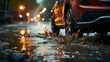Fototapeta  - Rainy city street full of water puddles with illuminated vehicles driving through water