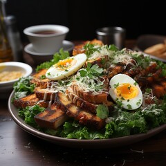 Wall Mural - Realistic Photo Chicken Caesar Salad with Poached Egg Generative AI