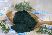 Organic green spirulina powder top view on wooden spoon background. Super foods,