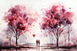 Valentines Day pink watercolor landscape background. Ai generative art