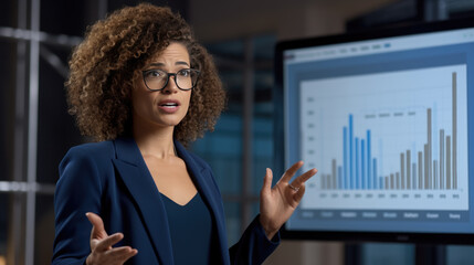 Wall Mural - Woman with curly hair and glasses pointing towards a data chart on a screen, giving a business presentation or analysis.