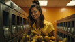 Woman in a laundry mat holding pineapples. Concept of adding a touch of tropical freshness to everyday chores, bringing a burst of joy and vibrancy to mundane tasks.