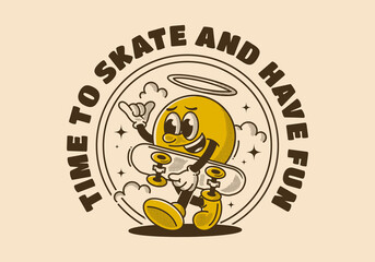Wall Mural - Time to skate and have fun. Walking ball head character holding a skate board