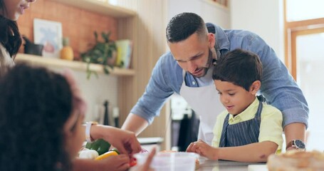 Poster - Family, teaching and talk for preparation with knife in kitchen for vegan dinner with vegetables. Mexican man, boy and listening to instruction for safety, cutting and learning of new skill in home