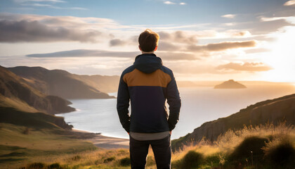 Young adult male standing in front of a scenic coastal landscape