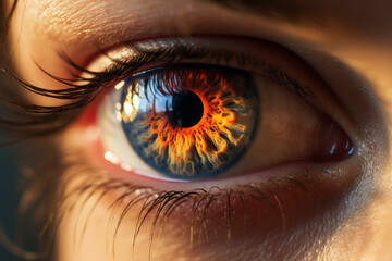 Macro of beautiful brown eye of a female person with burning glowing fire in iris