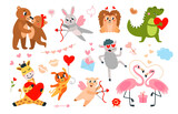 Fototapeta Pokój dzieciecy - Valentines day funny animals. Cartoon animal in love with heart and arrow. Romantic wild characters, isolated children mascots classy vector set