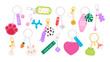 © LadadikArt - Cartoon keychains and keyrings. Decorative key holder with kawaii animals and symbols. Childish cute pendants and chains, racy vector set
