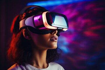 Poster - beautiful young woman using virtual reality headset. future technology concept, futuristic gaming ro
