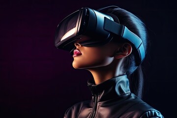 Poster - beautiful young woman wearing virtual reality goggles. future technology concept, futuristic gaming 