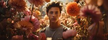 Abstract Floral Flower Field Composition Frame Lgbtq Male Model Shooting Summertime Imoressive Stylish Makeup And Cloth Dress Beautiful Blooming Elegance Charming Sensual Image Style