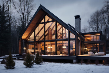 modern frame house with large windows in winter