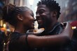 happiness romance love story african american marry love couple hand hug hold together dancing around on street outdoor in raining memorable moment romance and cheerful experience
