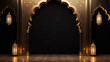 Ramadan Kareem illustration. Ramadan greeting card with golden arch and lantern on a arabic pattern background.