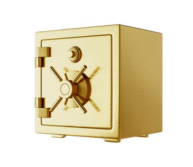 Closed golden safe isolated on a white background. In perspective. Wealth concept. 3D render