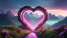 Glowing Mystical Round Heart Shaped Frame Portal In Mountainous Landscape