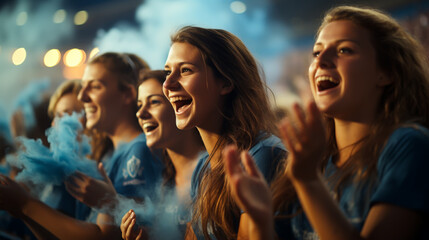 Wall Mural - group of fans dressed in blue color watching a sports event in the stands of a stadium