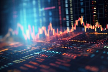 Poster - financial stock market graph on technology abstract background. Finance and trade concept. Double exposure, Abstract stock market data on a digital screen, closeup with selective, AI Generated