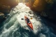 Aerial view of a kayak in the middle of a mountain river, Aerial top view of extreme sport kayak sailing down a mountain river with sunlight, AI Generated