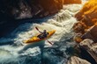 A man in a kayak on the background of a waterfall, Aerial top view of extreme sport kayak sailing down a mountain river with sunlight, AI Generated