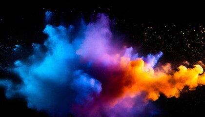 Wall Mural - bluish smoke cloud of colored powder images in the style of bright orange purple and blue colors vid