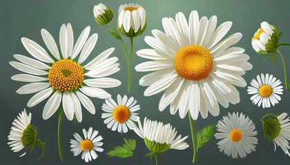 Wall Mural - set of white chamomile flower on background daisy flower medical plant chamomile flower head as an element for your design