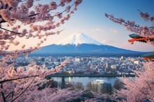 Mount Fuji And Cherry Blossom At Kawaguchiko Lake In Japan, Aerial View Of Tokyo Cityscape With Mount Fuji In Japan, AI Generated