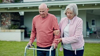 Poster - Walker, senior couple and walking outdoor with support and help with retirement and marriage. Wellness, guide and elderly woman and man together with love and care with mobility issue after surgery