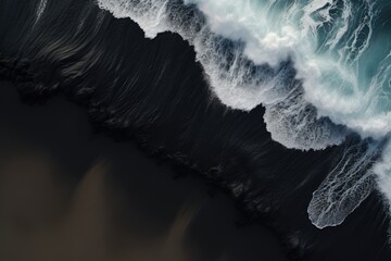 aerial view of ocean waves breaking on black sand beach in iceland, aerial view of waves on the blac