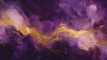 Abstract Liquid Painting. Marbled Wallpaper Background. Purple Gold Swirls White Painted Splashes Illustration.	