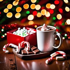 Red mug filled with homemade hot chocolate shot on rustic Christmas table. A red and white candy cane is on the hot chocolate mug and two others candy canes are behind the mug