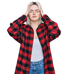 Sticker - Young blonde girl wearing casual clothes suffering from headache desperate and stressed because pain and migraine. hands on head.